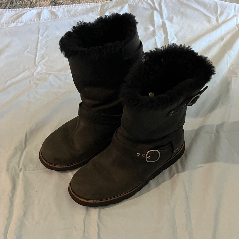 UGG Black Leather Boots with Logo